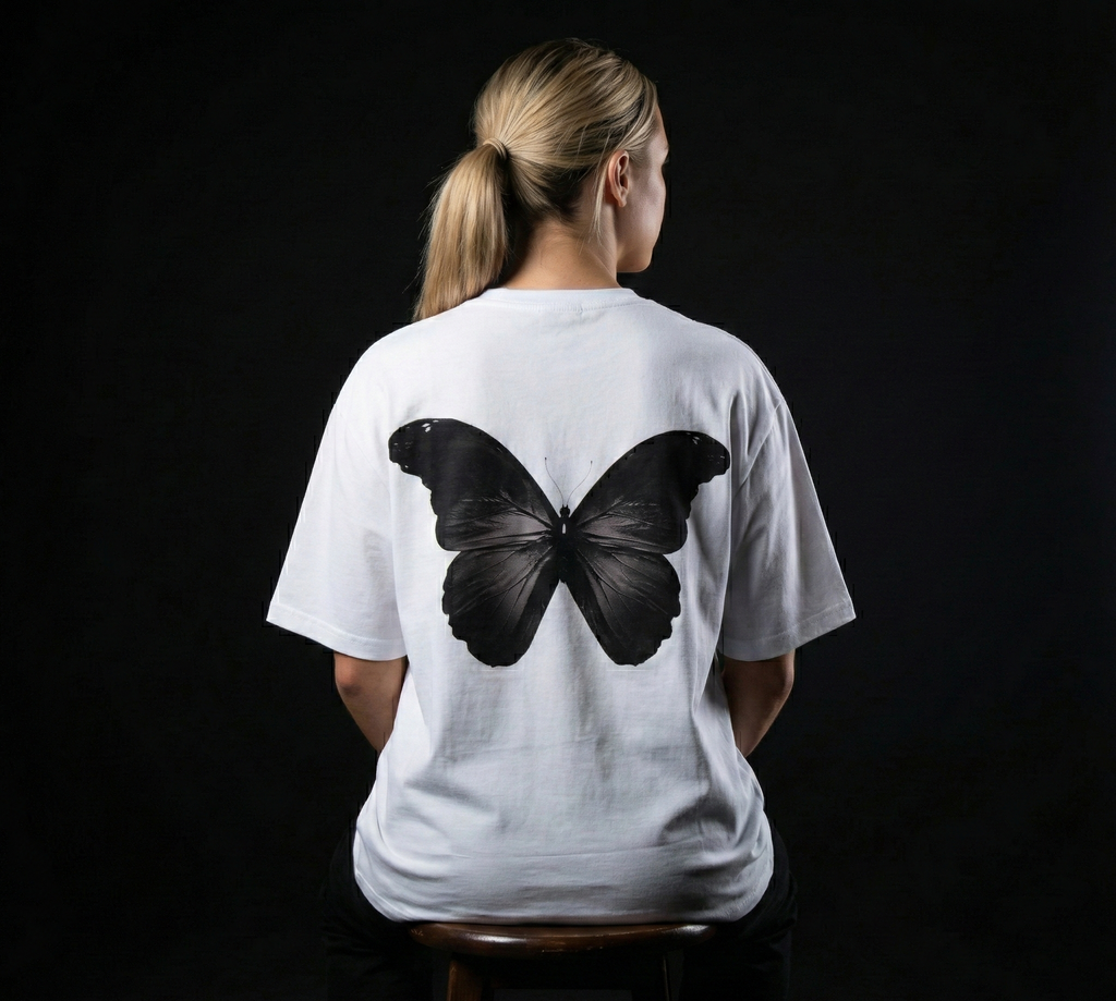 Person wearing a white t-shirt with a black butterfly design on the back against a black background