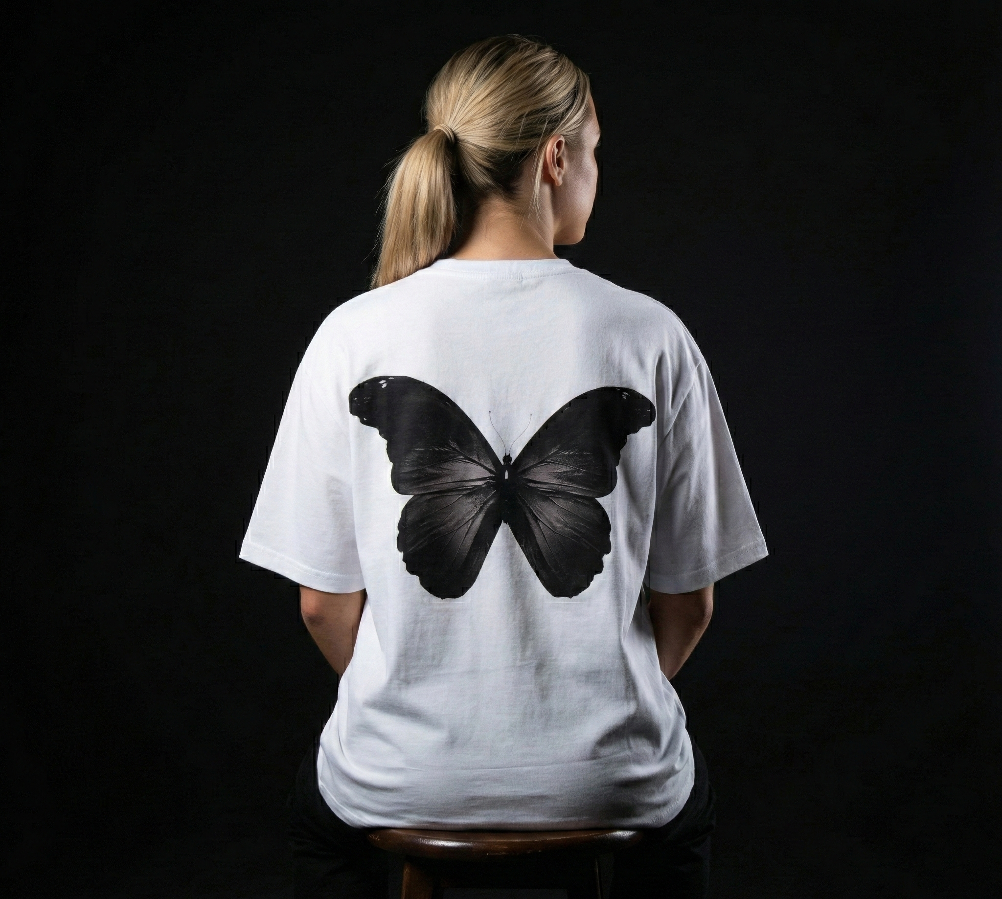 Person wearing a white t-shirt with a black butterfly design on the back against a black background