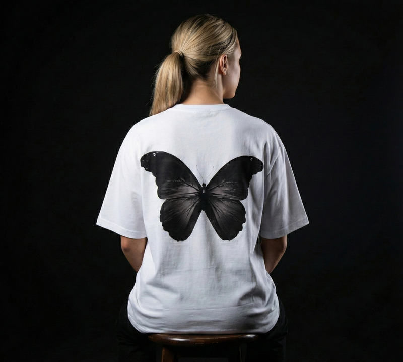 Person wearing a white t-shirt with a black butterfly design on the back against a black background